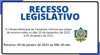 A Câmara Municipal de Tamarana, informa que estará de recesso entre os dias 20 de dezembro de 2022 a 06 de janeiro de 2023. 
